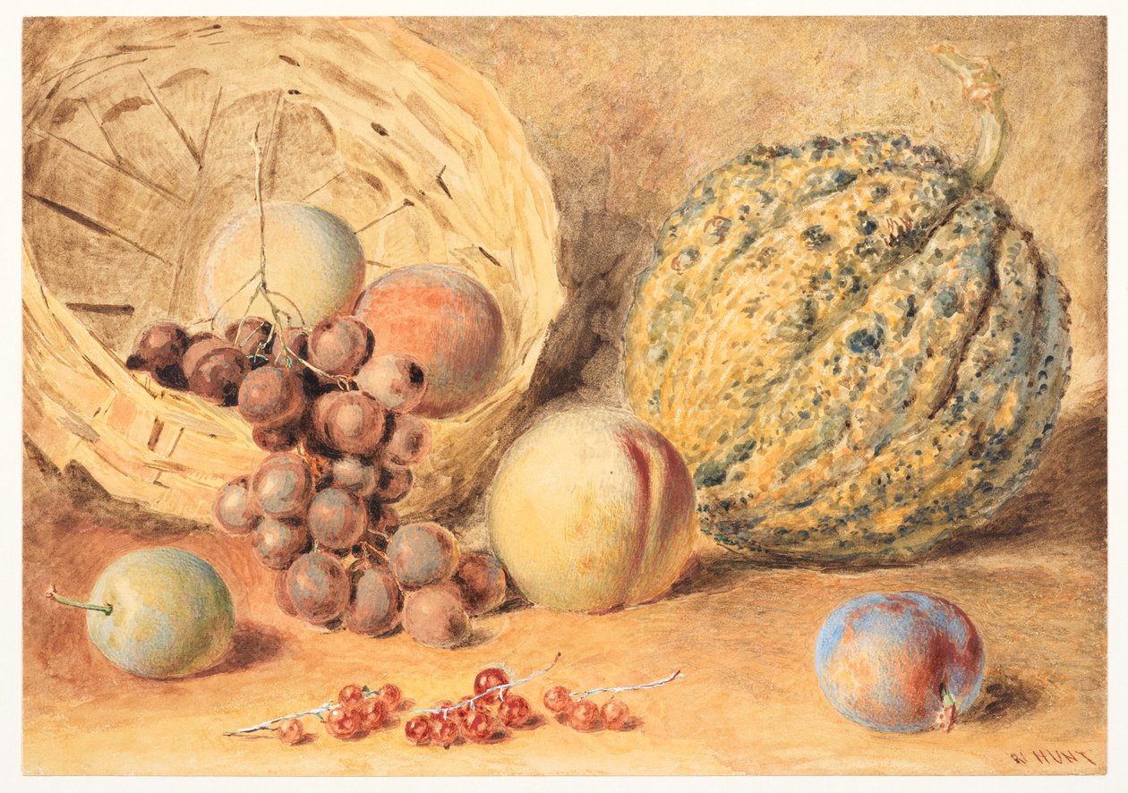 Kosár dinnyével, őszibarackkal, szőlővel és szilvával, 1804 körül (grafit, akvarell gumiarábikummal, testszín és kikarcolt szőtt papír) alkotó: William Henry Hunt