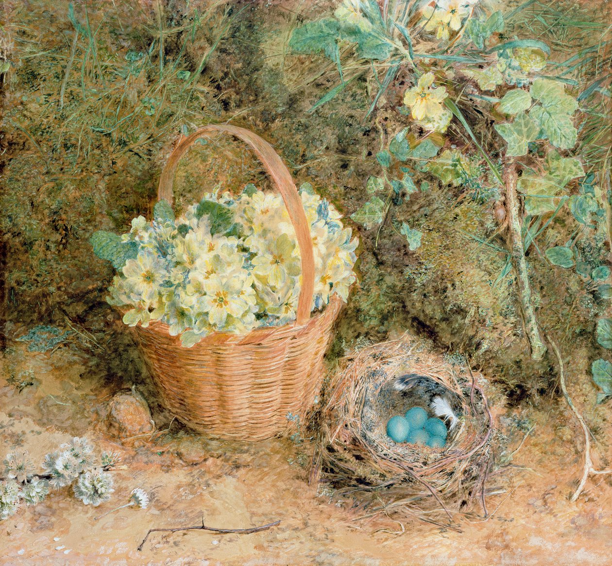 Pelyvafészek kankalinokkal (wc és gouache papíron) alkotó: William Henry Hunt