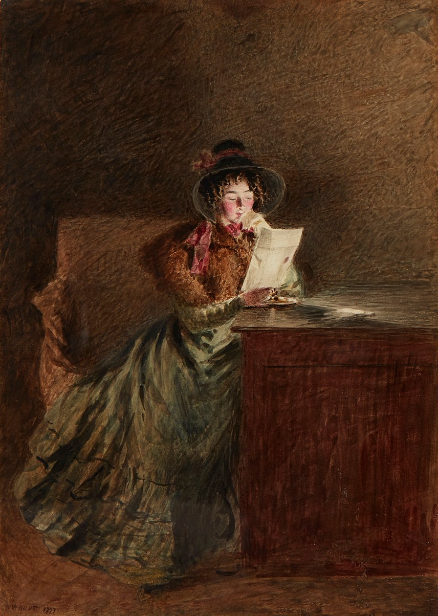 Lány lámpafénynél levelet olvas (akvarell és ceruza) alkotó: William Henry Hunt