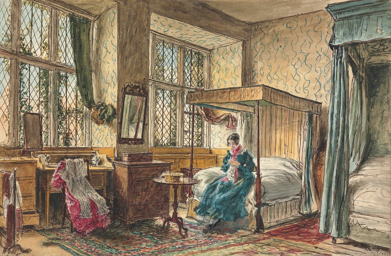 Miss Moore varr a hálószobájában, Hardwick Hallban, Derbyshire-ben alkotó: William Henry Hunt