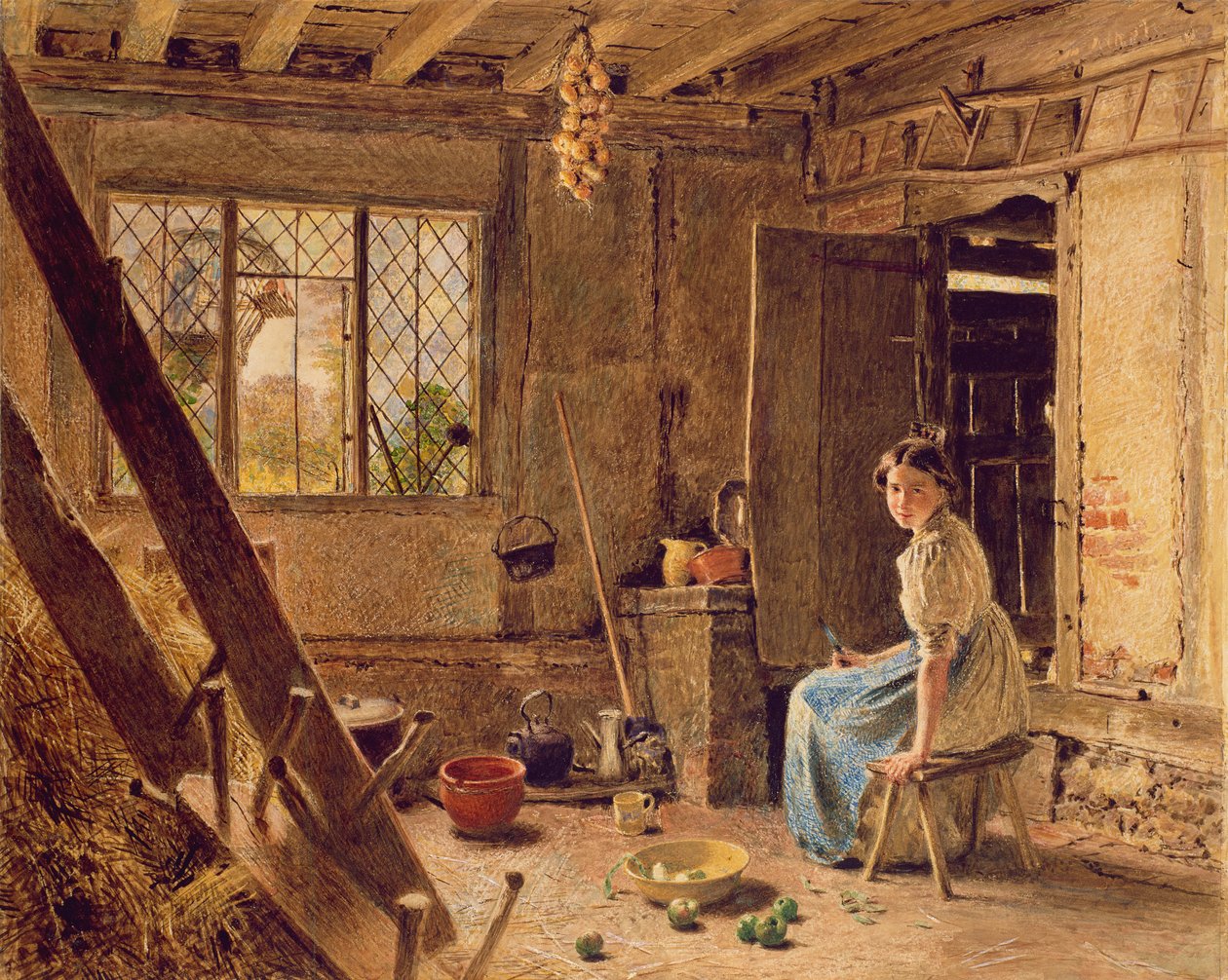 A szobalány és a szarka, A Cottage Interior at Shillington, Bedfordshire, 1834 (a wc fehérrel van kiemelve a papíron) alkotó: William Henry Hunt