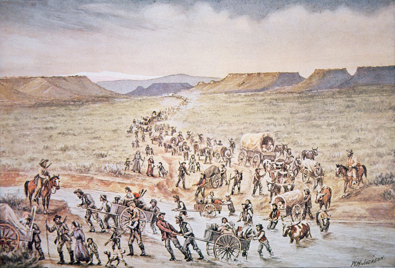 Mormon kézikocsi úttörői nyugat felé Utah felé tartanak 1850-ben (színes litho) alkotó: William Henry Jackson