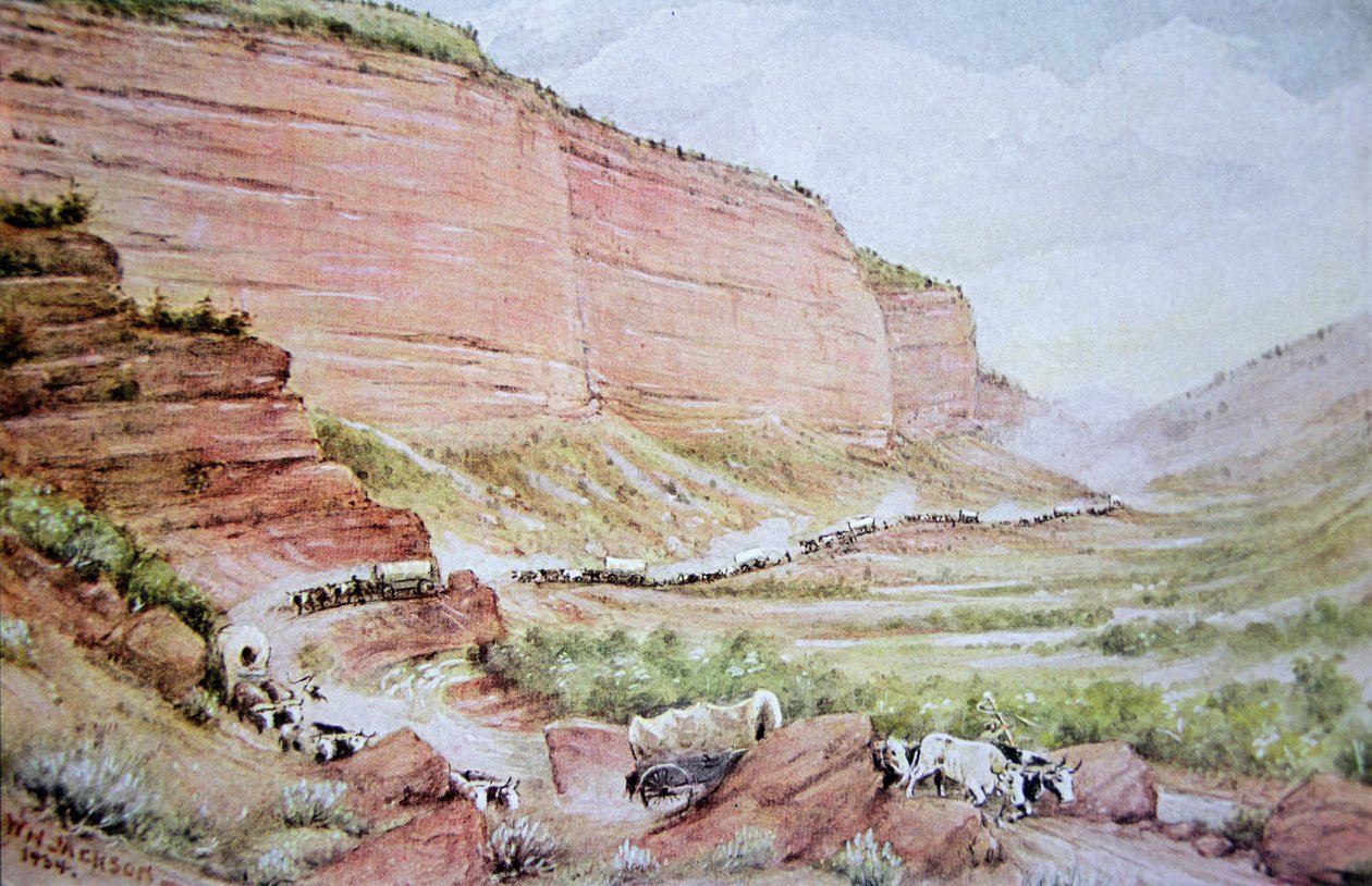 Mormon vagonvonat halad át az Echo Canyonon, Salt Lake Citytől keletre, Utah államban (színes litho) alkotó: William Henry Jackson