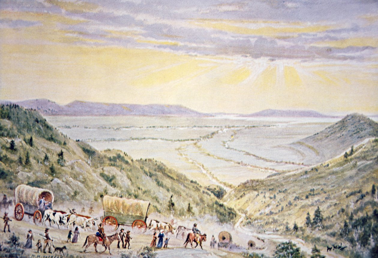 Mormonok leereszkednek a Little Mountain-ról Salt Lake Citybe, Utah államba (színes litho) alkotó: William Henry Jackson