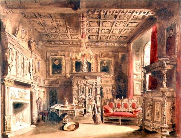 Tudor belső tér (barna tinta és akvarell papíron) alkotó: William Henry Lake Price
