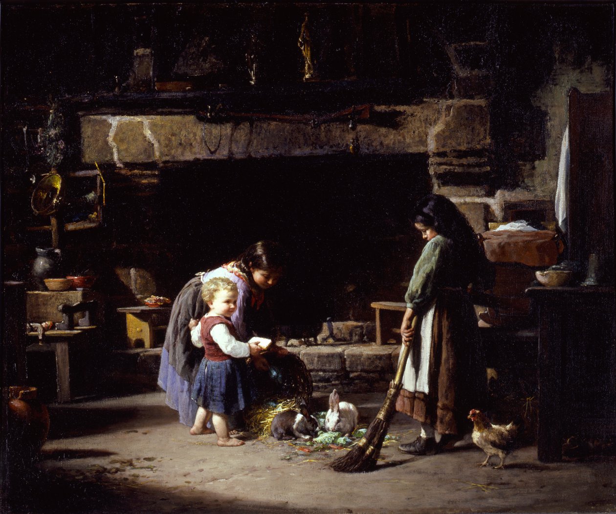 Farm belső tér: Nyulakat etető breton gyerekek alkotó: William Henry Lippincott