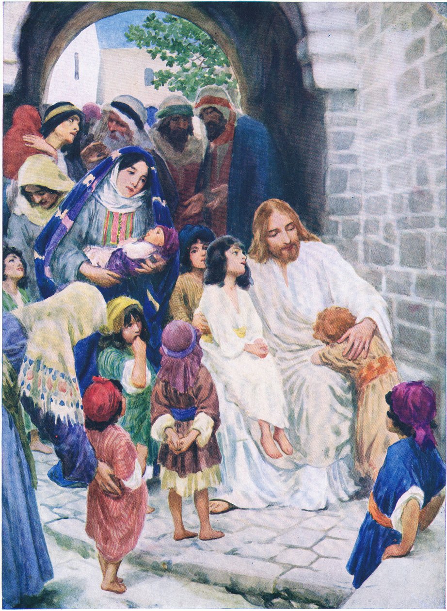 Jézus és a gyerekek, a Thomas Nelson által kiadott Biblia Képeskönyvből, 1950 körül alkotó: William Henry Margetson