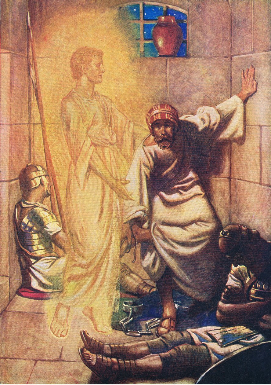 Péter kiszabadult a börtönből, a Thomas Nelson által kiadott Biblia Képeskönyvből, 1950 körül alkotó: William Henry Margetson