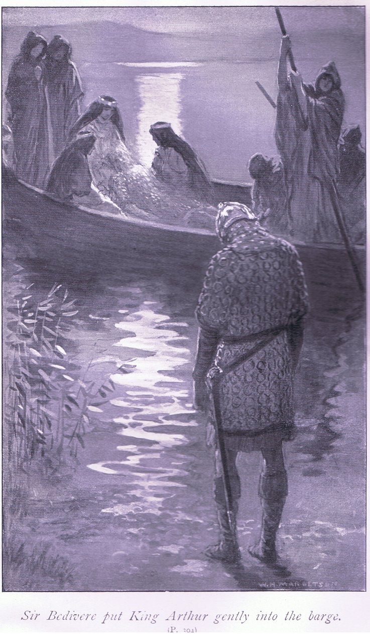 Sir Bedivere óvatosan betette Artúr királyt a bárkába. alkotó: William Henry Margetson