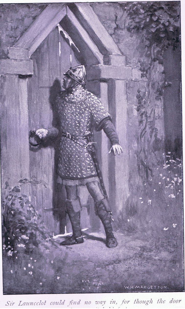 Sir Launcelot nem talált bejáratot, mert bár az ajtó öreg és kopott volt, de szilárdan tartotta magát. alkotó: William Henry Margetson