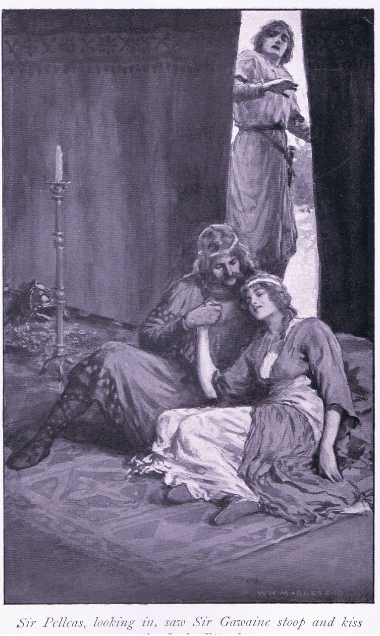 Sir Pelleas benézett, és látta, hogy Sir Gawaine lehajol és megcsókolja Ettard hölgyet alkotó: William Henry Margetson