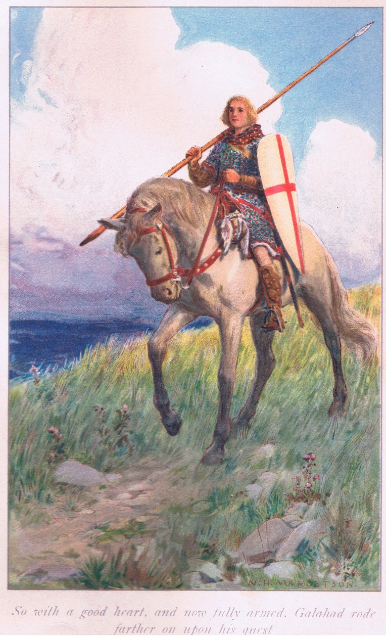 Galahad jó szívvel és teljesebb fegyverzetben lovagolt tovább a küldetésen. alkotó: William Henry Margetson