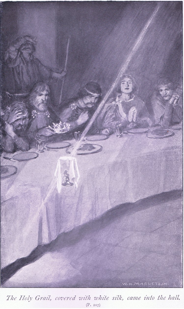 A fehér selyemmel borított Szent Grál bejött a hallba alkotó: William Henry Margetson