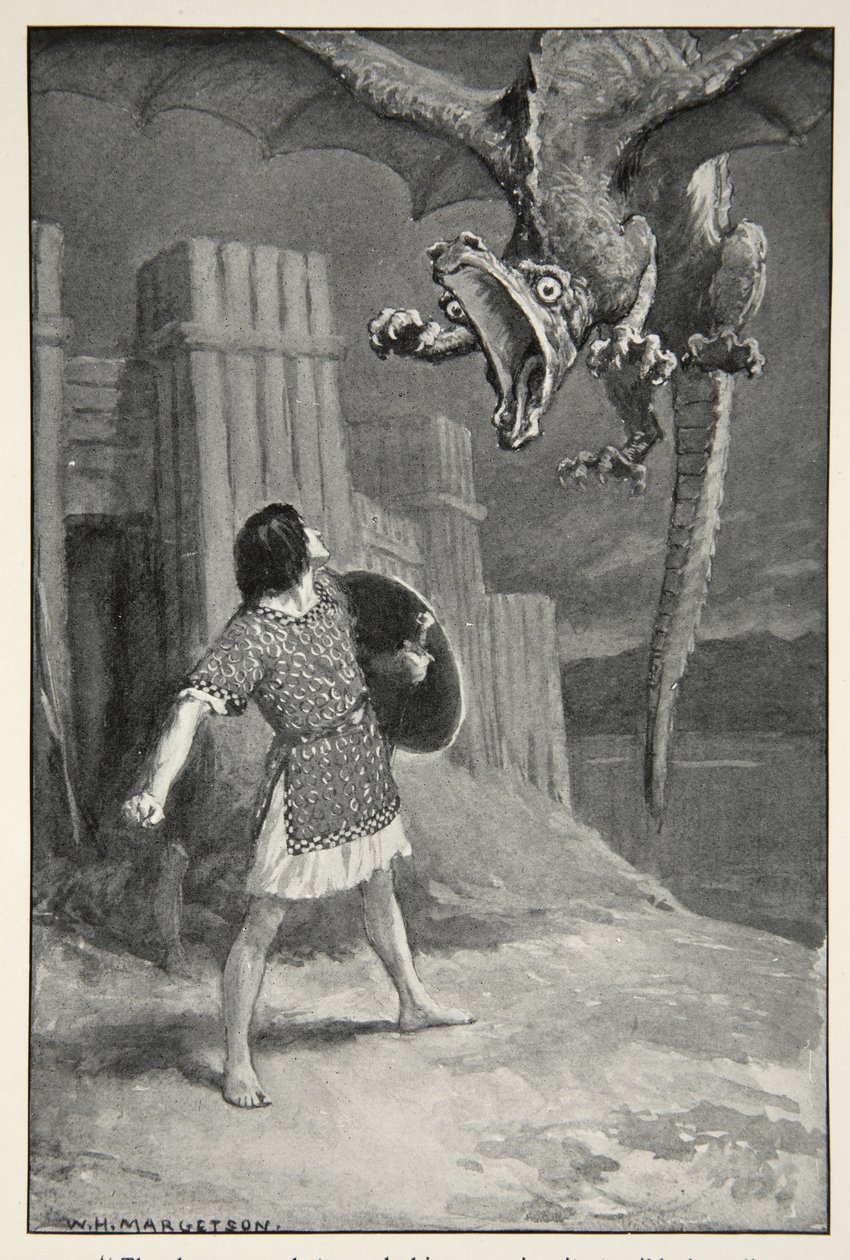 A sárkány feléje süllyedt, és kinyitotta szörnyű állkapcsait, M.I. „A brit faj hősi mítoszai és legendái” című művéből. Ebbutt, 1910 alkotó: William Henry Margetson