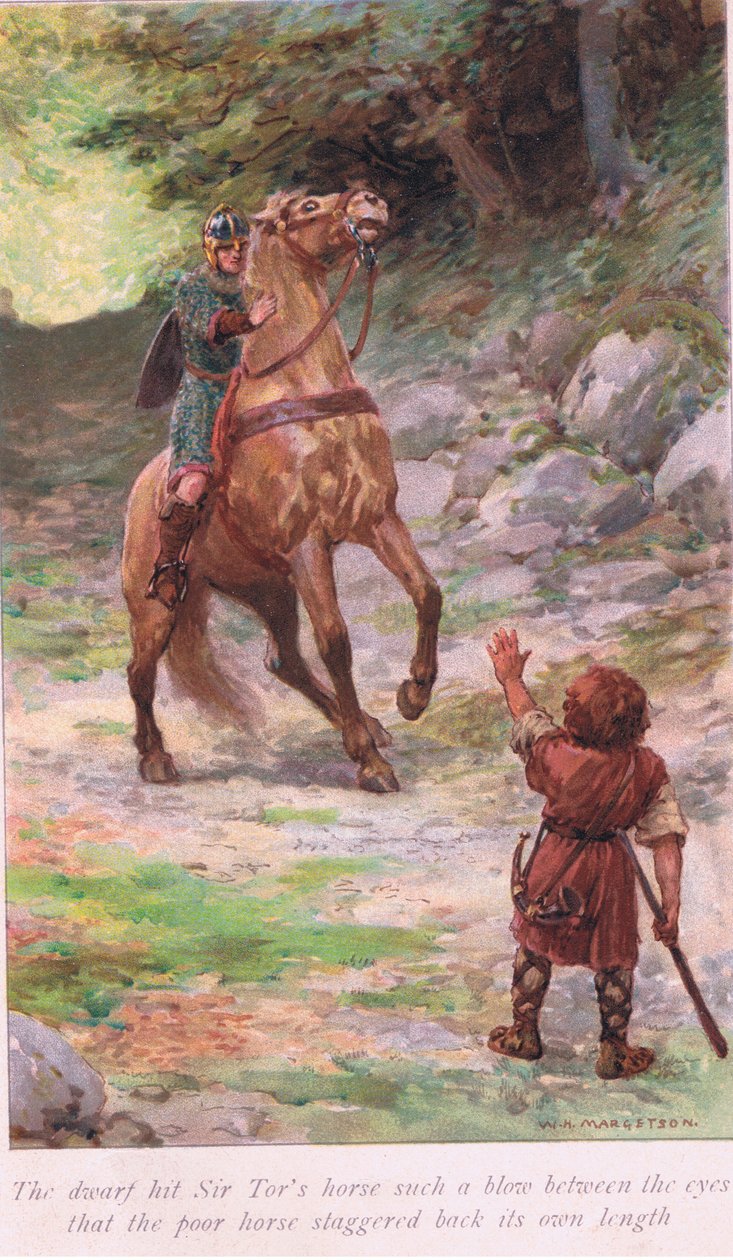 A törpe akkora ütést mért Sir Tor lovára a szeme közé, hogy szegény ló hátratántorodott a maga hosszában. alkotó: William Henry Margetson