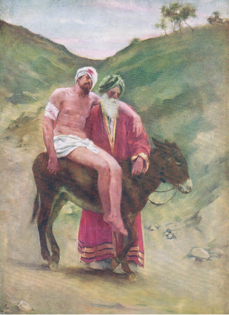 Az irgalmas szamaritánus, a Thomas Nelson által kiadott Biblia Képeskönyvből, 1950 körül alkotó: William Henry Margetson