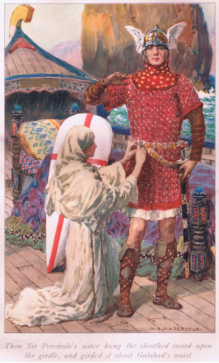 Ekkor Sir Percivale nővére az övre akasztotta a hüvelyes kardot, és Galahad derekára övezte. alkotó: William Henry Margetson