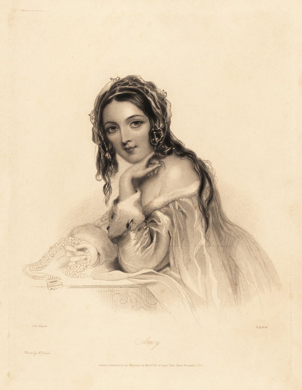 Amy portréja. A szépség fátylat visel, hosszú haja fölött, hermelin szegélyű vállú ruha, kezében gyöngy nyaklánc. William Henry Mote acéltörzs-metszete John Hayter illusztrációja után Charles Heath angol gyöngyei vagy Portrék for th című művéből alkotó: William Henry Mote