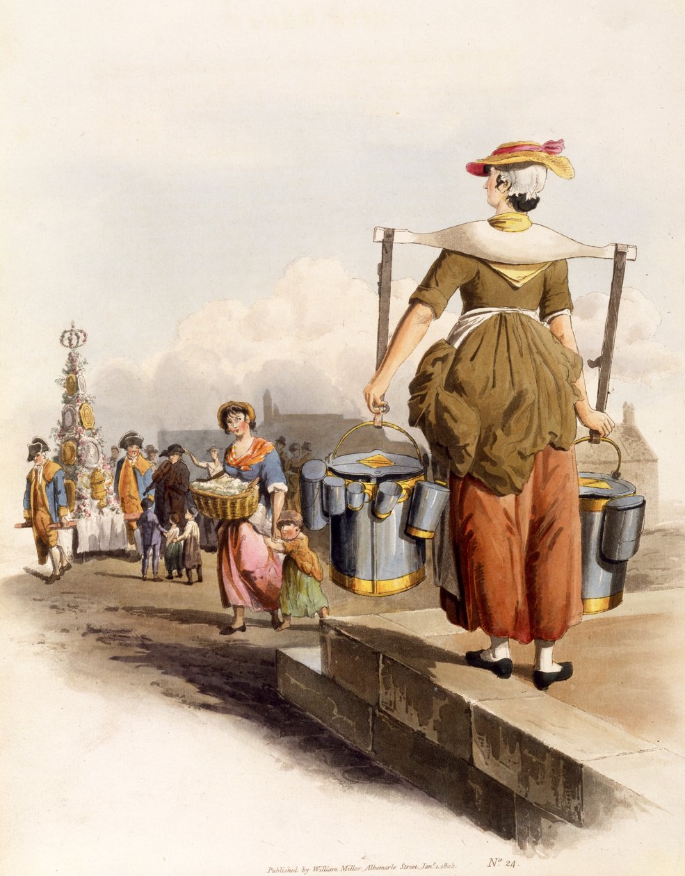 A Milkmaid, a The Costumes of Great Britain, kocsma. Henry Miller, 1805 (kézzel színezett nyomat) alkotó: William Henry Pyne