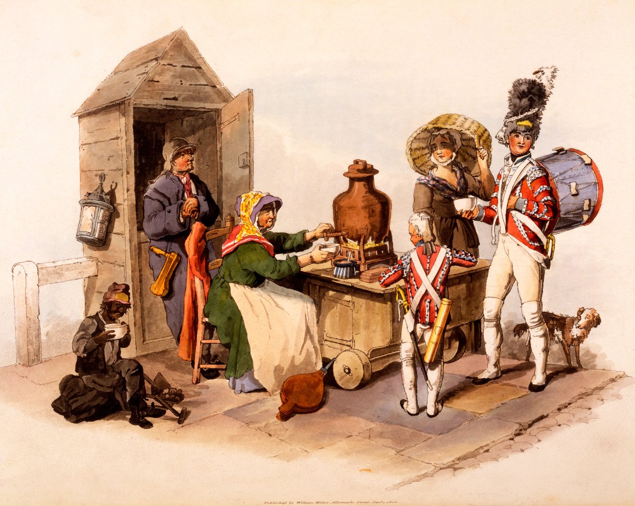 Egy Sallop eladó melegített forró italokat felszolgáló „The Costumes of Great Britain”, 1808-ból alkotó: William Henry Pyne