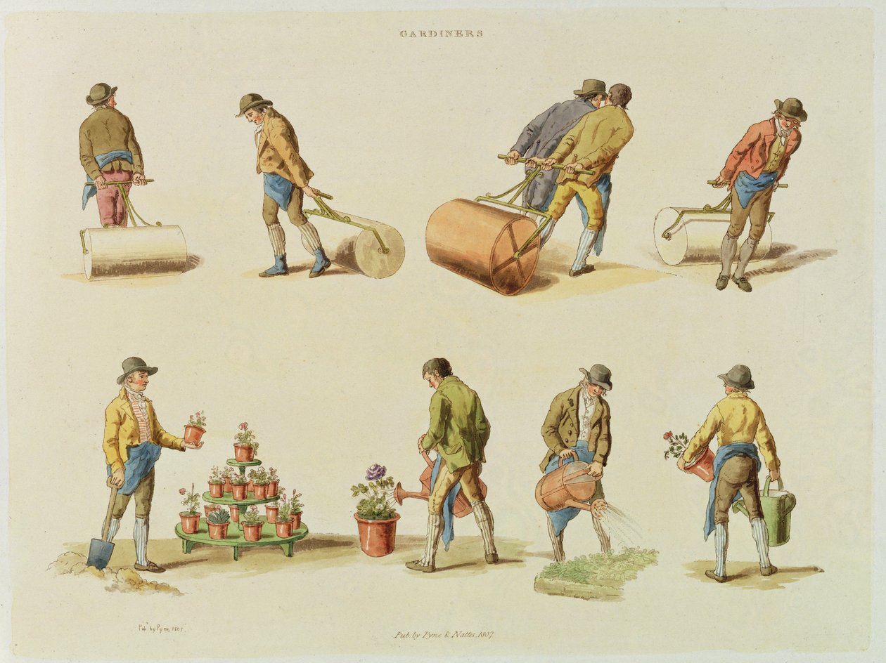 Gardeners, 2. kötet, 97. tábla, a „Microcosm”-ból, nyomtatta J. Hill, 1808 (kézzel színezett akvatinta) alkotó: William Henry Pyne