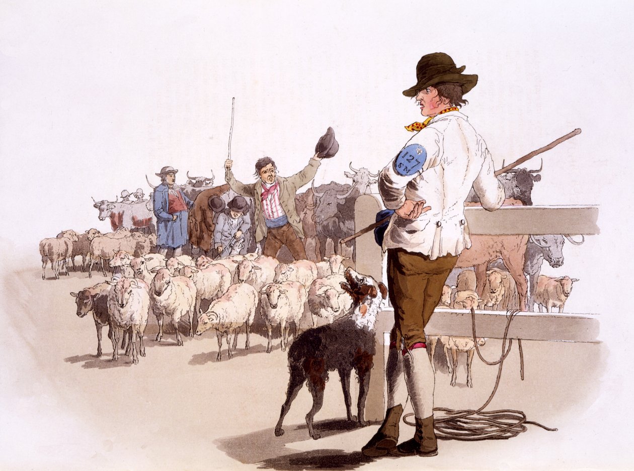 Birka- és szarvasmarhapásztorok, a The Costumes of Great Britain, kocsma. Henry Miller, 1805 (kézzel színezett nyomat) alkotó: William Henry Pyne
