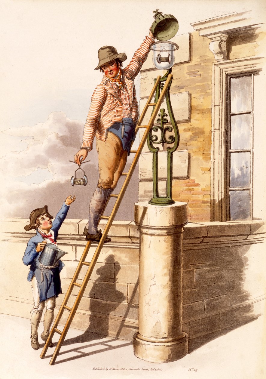Lámpagyújtó, a The Costumes of Great Britain-ból, pub. Henry Miller, 1805 (kézzel színezett nyomat) alkotó: William Henry Pyne