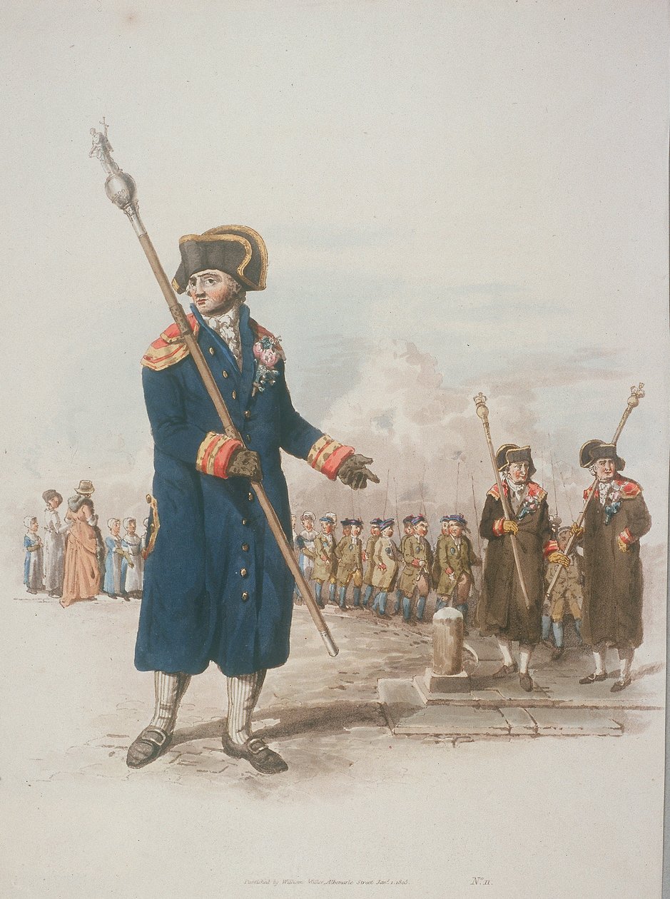 Parish Beadle polgári viseletben, bottal, 1805-ben alkotó: William Henry Pyne