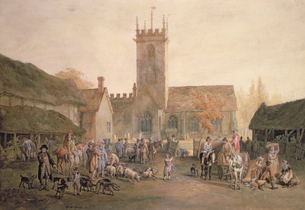 Pigmarket in the Yard of The Fountain Inn, Bedford, 1806 (ceruza, wc és testszín) alkotó: William Henry Pyne