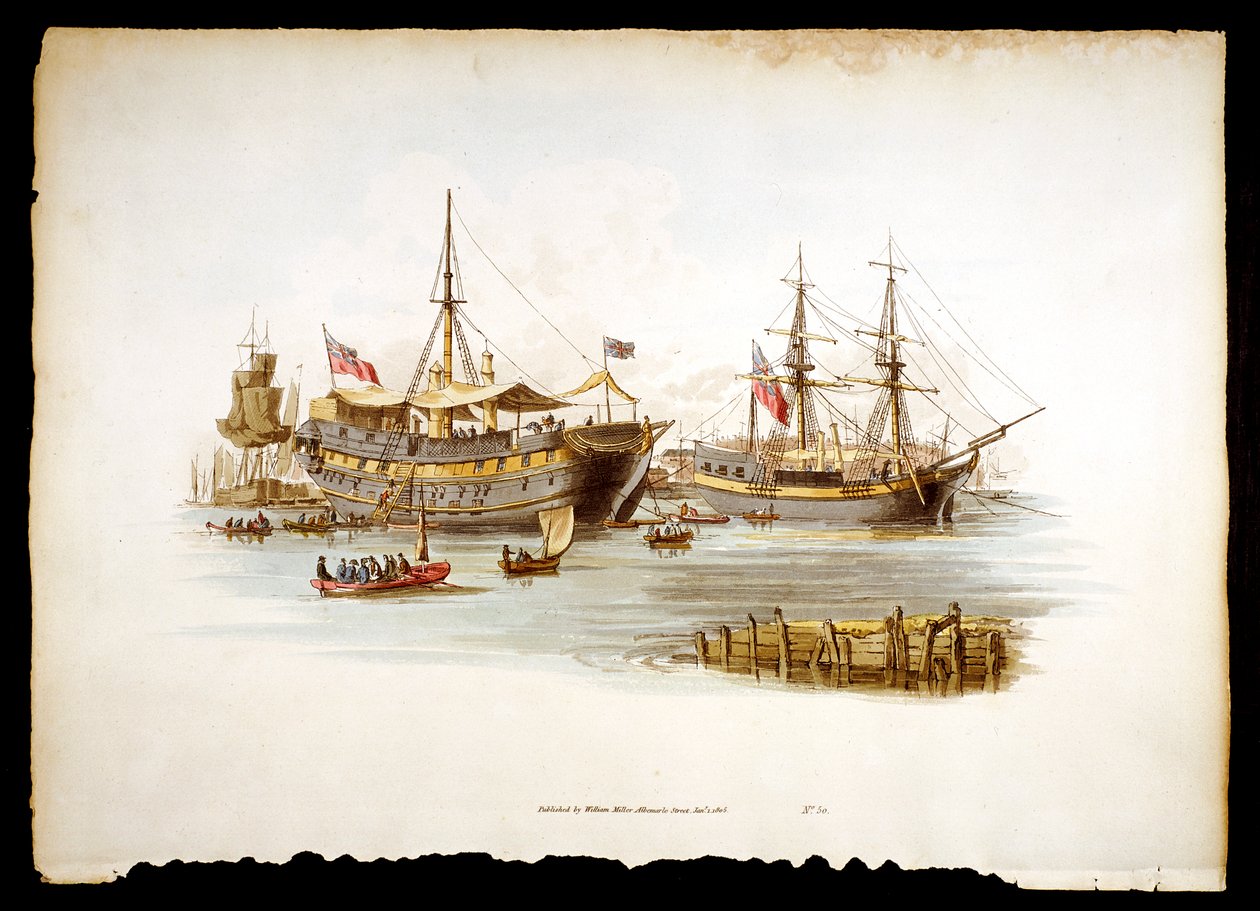 A börtön a Temzében, a londoni Tower mellett, 1805-ben horgászhajókat szállít alkotó: William Henry Pyne
