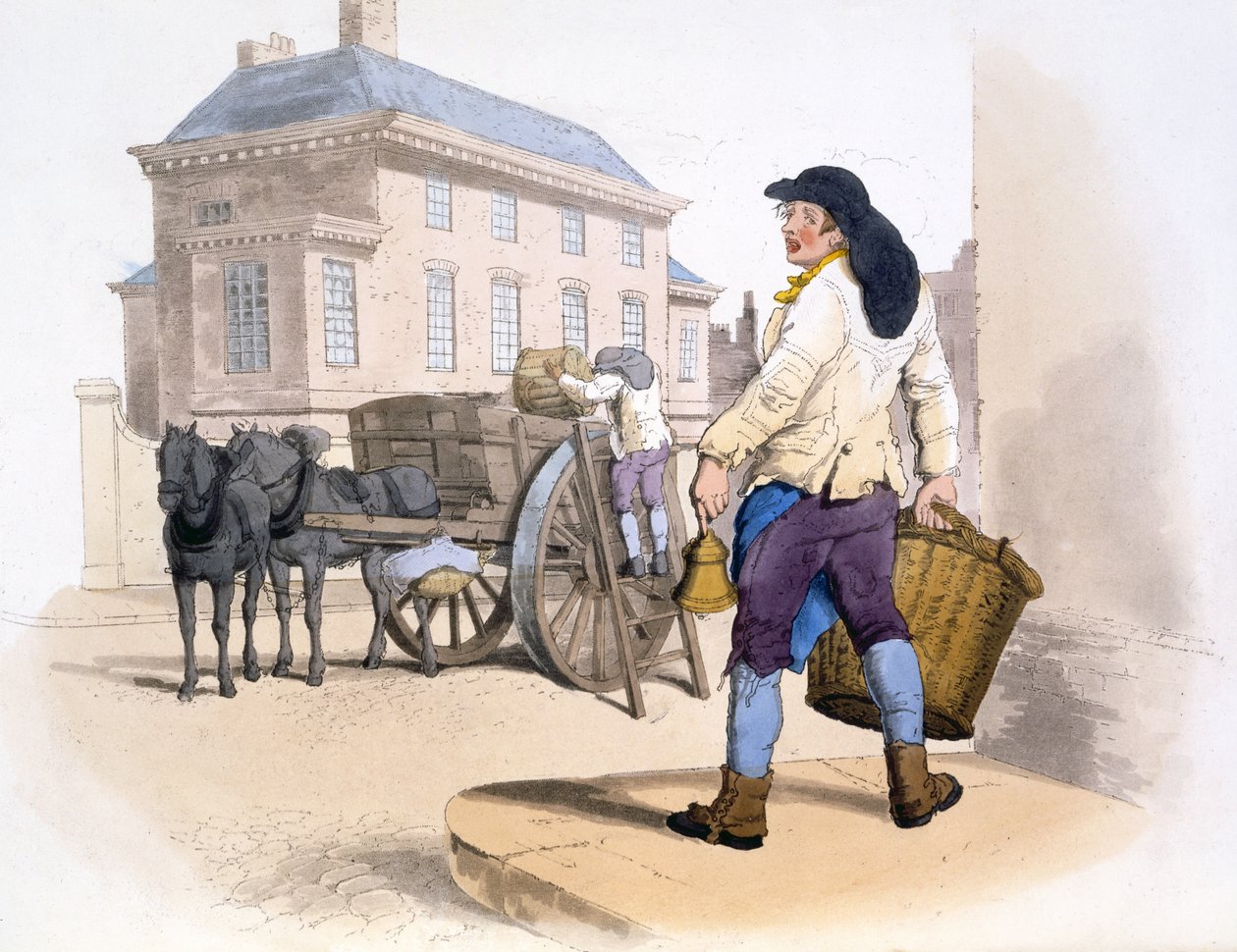 Szemétgyűjtők, a The Costumes of Great Britain, pub. Henry Miller, 1805 (kézzel színezett nyomtatás) alkotó: William Henry Pyne