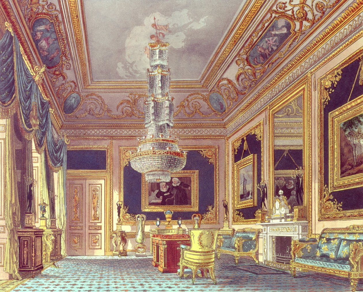 A kék bársony szoba, Carlton ház Pyne királyi rezidenciáiból, 1818 alkotó: William Henry Pyne