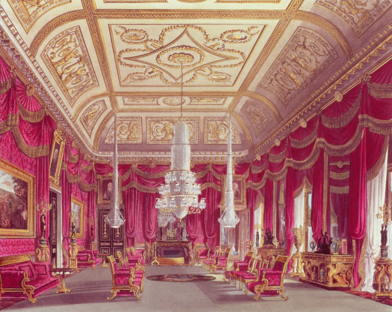 The Crimson Drawing Room, Carlton ház Pyne királyi rezidenciáiból, 1818 alkotó: William Henry Pyne