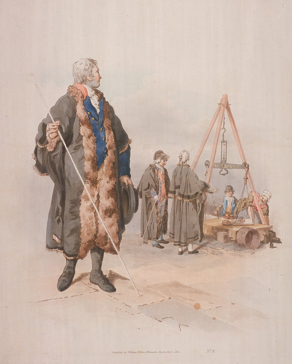 Ward Beadle polgári jelmezben, bottal a kezében egy Wardmote Inquest-en, 1805 alkotó: William Henry Pyne