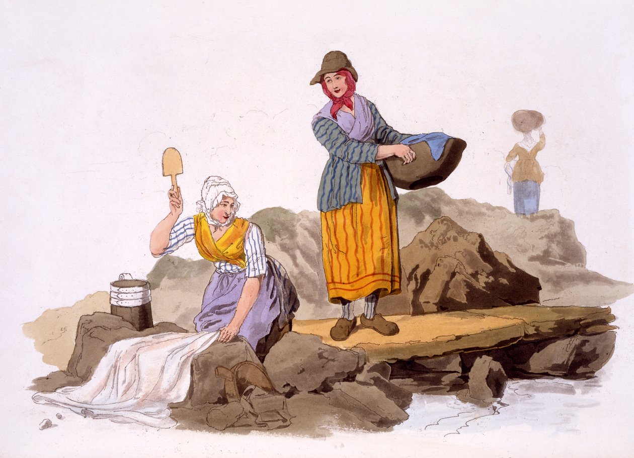 Mosónők, a The Costumes of Great Britain (Nagy-Britannia viselete) című kötetből, kiadó: Henry Miller, 1805 (kézzel színezett nyomat). alkotó: William Henry Pyne