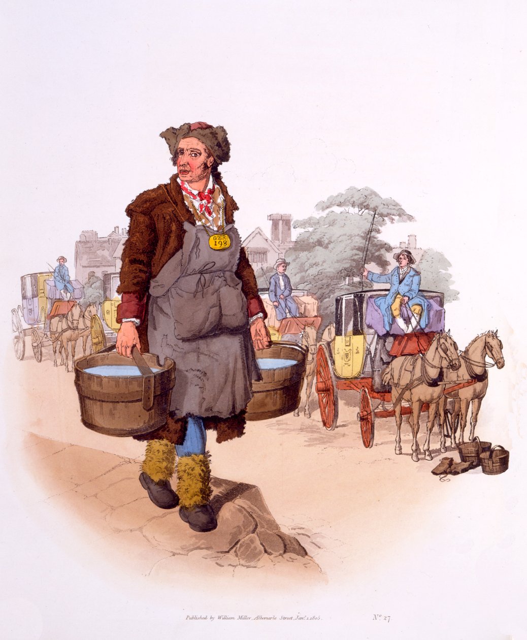 Watercarrier GR 198 (Georgius Rex) jogosítvánnyal, a „The Costumes of Great Britain” c. Ritka és meggyőző nézet a munkásosztályról, 1808 alkotó: William Henry Pyne