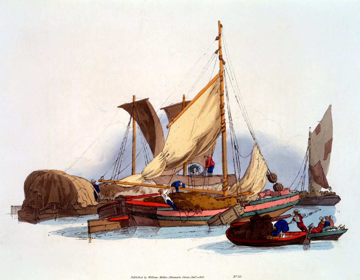 Waterman and Bargemen árukat és utasokat szállít, 1808 alkotó: William Henry Pyne