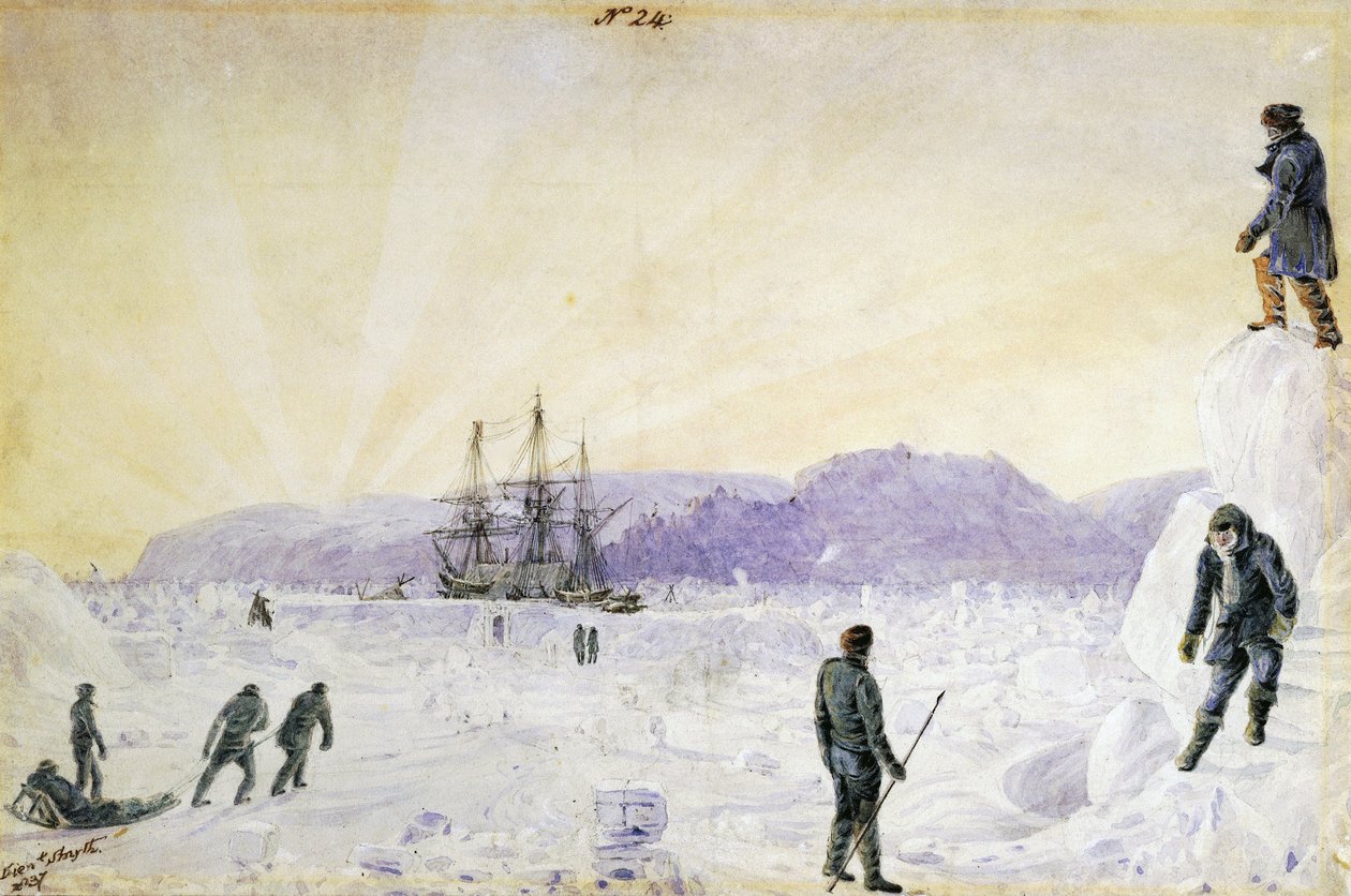 A HMS Terror jégbe szorult Southampton-sziget közelében, Nunavut, Kanada" William Smyth akvarellje, 1837 januárja Nemzeti Tengerészeti Múzeum, Greenwich, London alkotó: William Henry Smyth