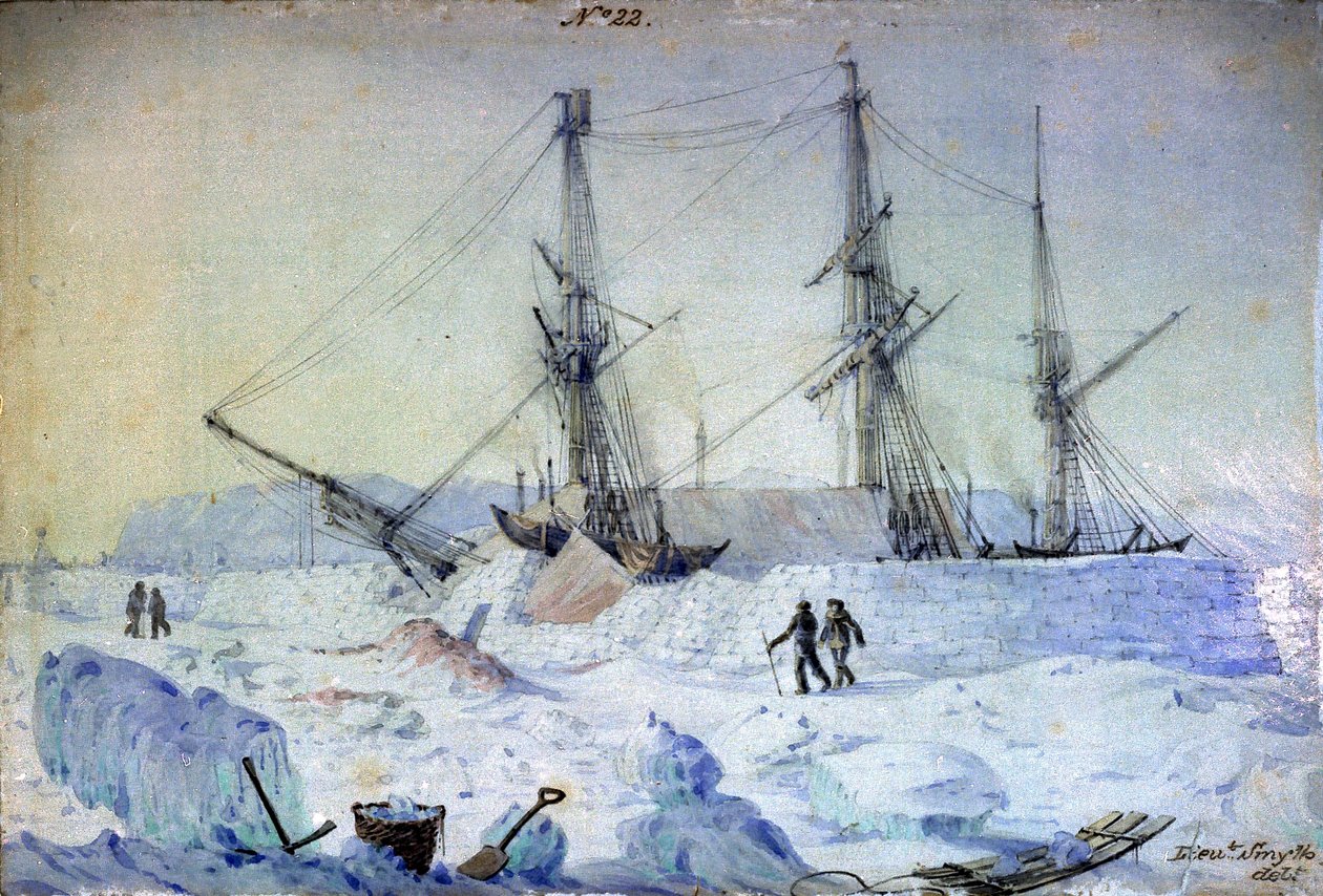 "A 22. számú kép a hajó bal oldali oldalát mutatja 1837 februárjában napfelkeltekor, és a hófalak akkori állapotát mutatja". alkotó: William Henry Smyth