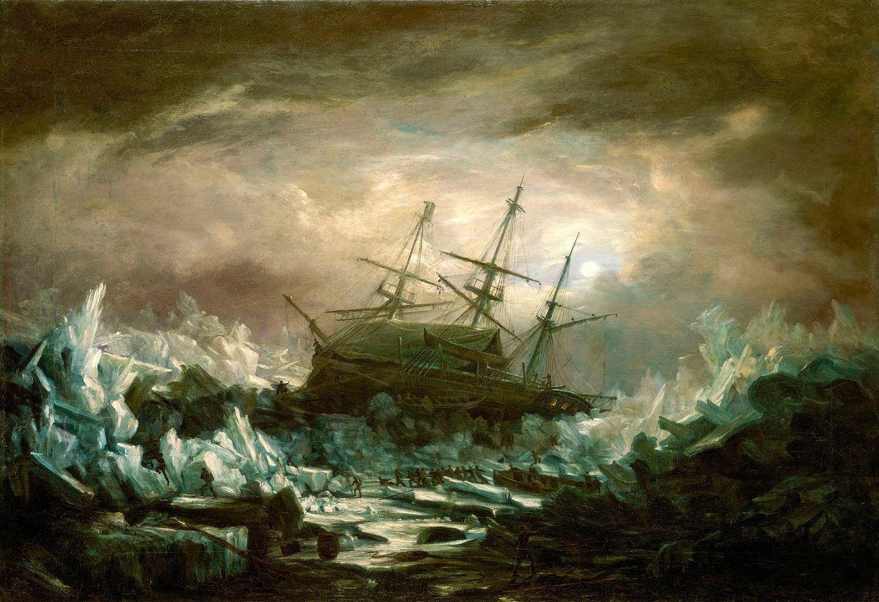 A HMS "Terror" veszélyes helyzete Back kapitány vezetésével a sarkvidéki területeken 1837 nyarán. alkotó: William Henry Smyth