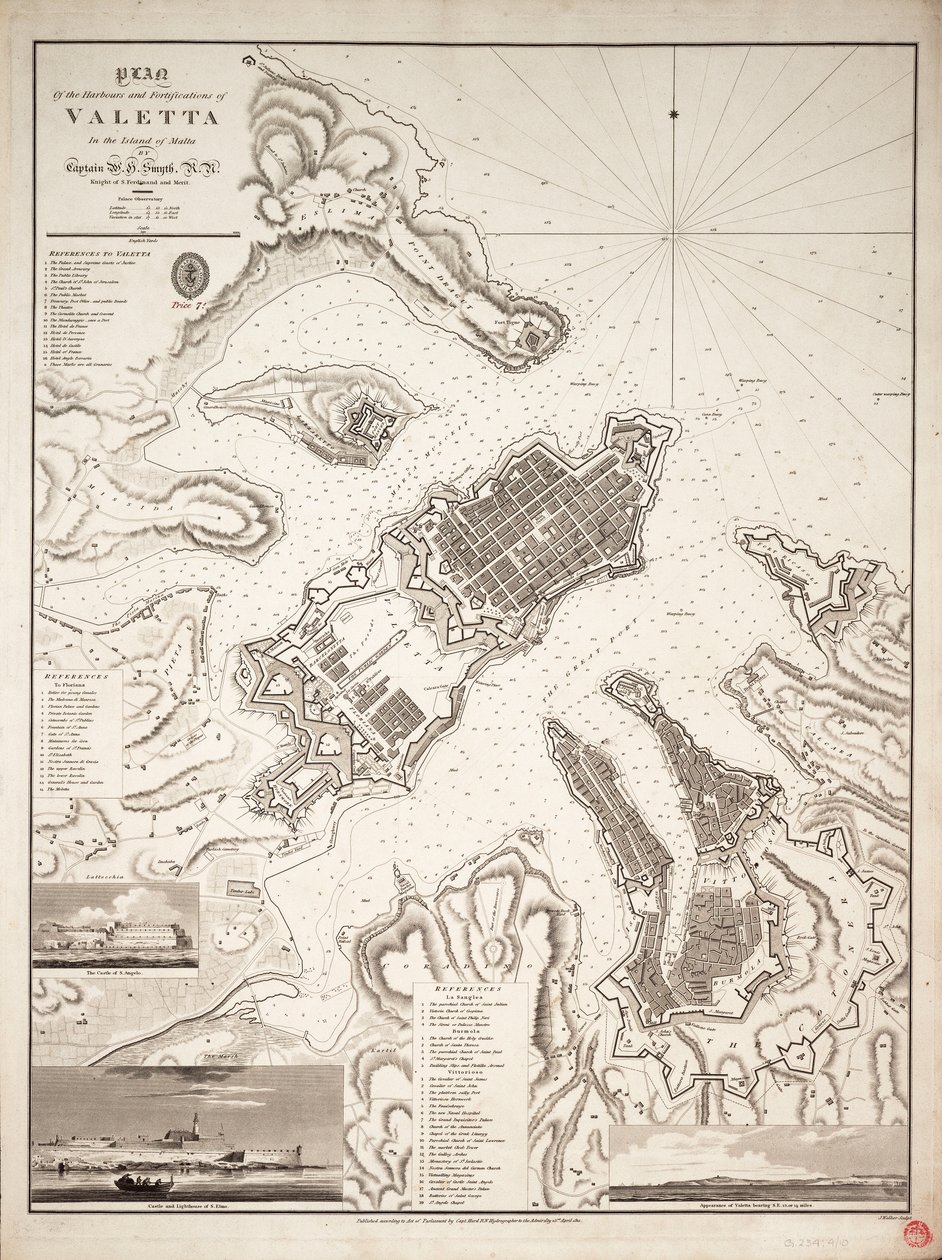 A máltai Valetta kikötőinek és erődítményeinek terve, 1821 körül (metszet) alkotó: William Henry Smyth