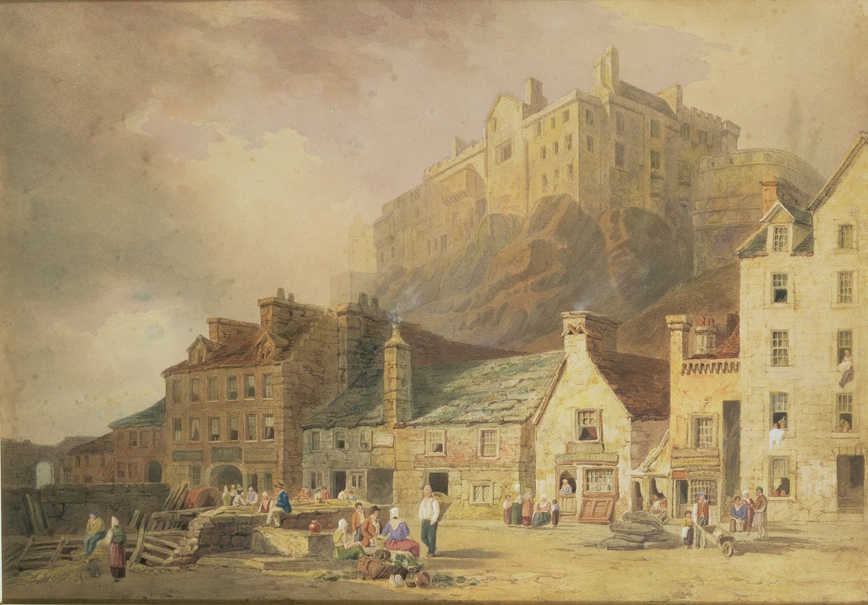Edinburgh-i kastély a Grass Marketről, a kis nyugati kikötővel, 1820 körül (wc és szépia) alkotó: William Henry Stothard