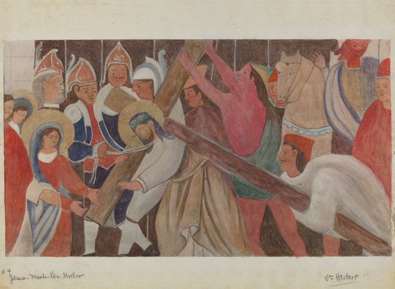 4. keresztút: Jézus találkozik anyjával, c. 1936. alkotó: William Herbert
