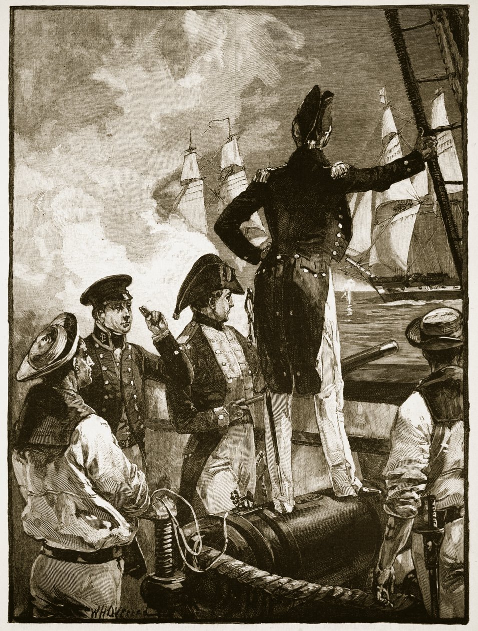 Walpole kapitány elfogja Saldanha herceg hajóit, illusztráció a „Cassell illusztrált Anglia történetéből” (szépia fotó) alkotó: William Heysham Overend