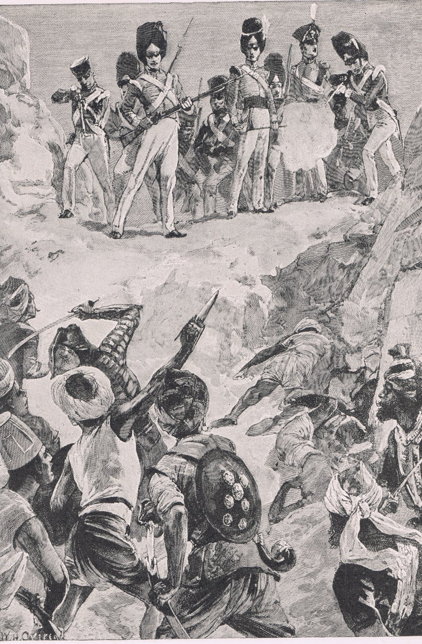 Carmichael követői egy sortüzet lőttek a sűrű embercsoportba: Bharatpur-i csata 1826, illusztráció a brit szárazföldi és tengeri csatákból, 1915 alkotó: William Heysham Overend