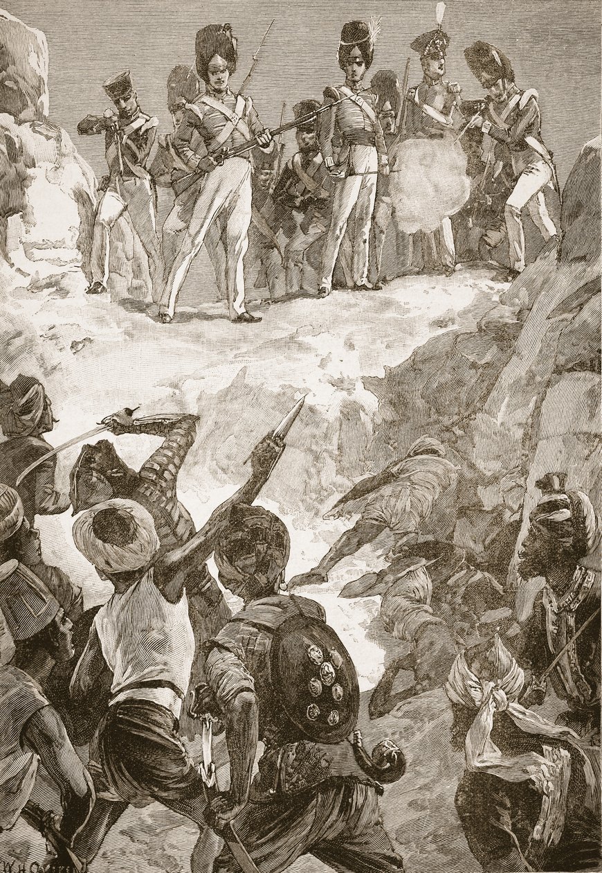 Carmichael követői az előttük lévő sűrű embertömegbe lőttek, illusztráció Archibald Forbes, G.A. Henty és Arthur Griffiths őrnagy "Battles of the Nineteenth Century" című könyvéből. alkotó: William Heysham Overend
