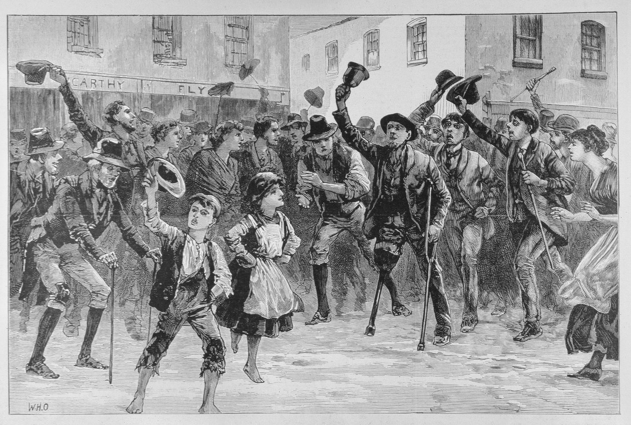 Lord Randolph Churchill nevének ujjongása Loughreában, a lemondását bejelentő Town Crieren, a „The Illustrated London News”-ból, 1887. január 8. alkotó: William Heysham Overend