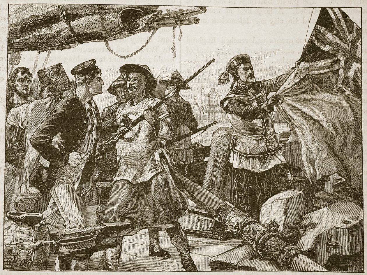 Kínai tisztek lehúzzák a brit zászlót az „Arrow”-on, 1856. október 8., illusztráció a „Cassell illusztrált Anglia történelméből” (szépia fotó) alkotó: William Heysham Overend