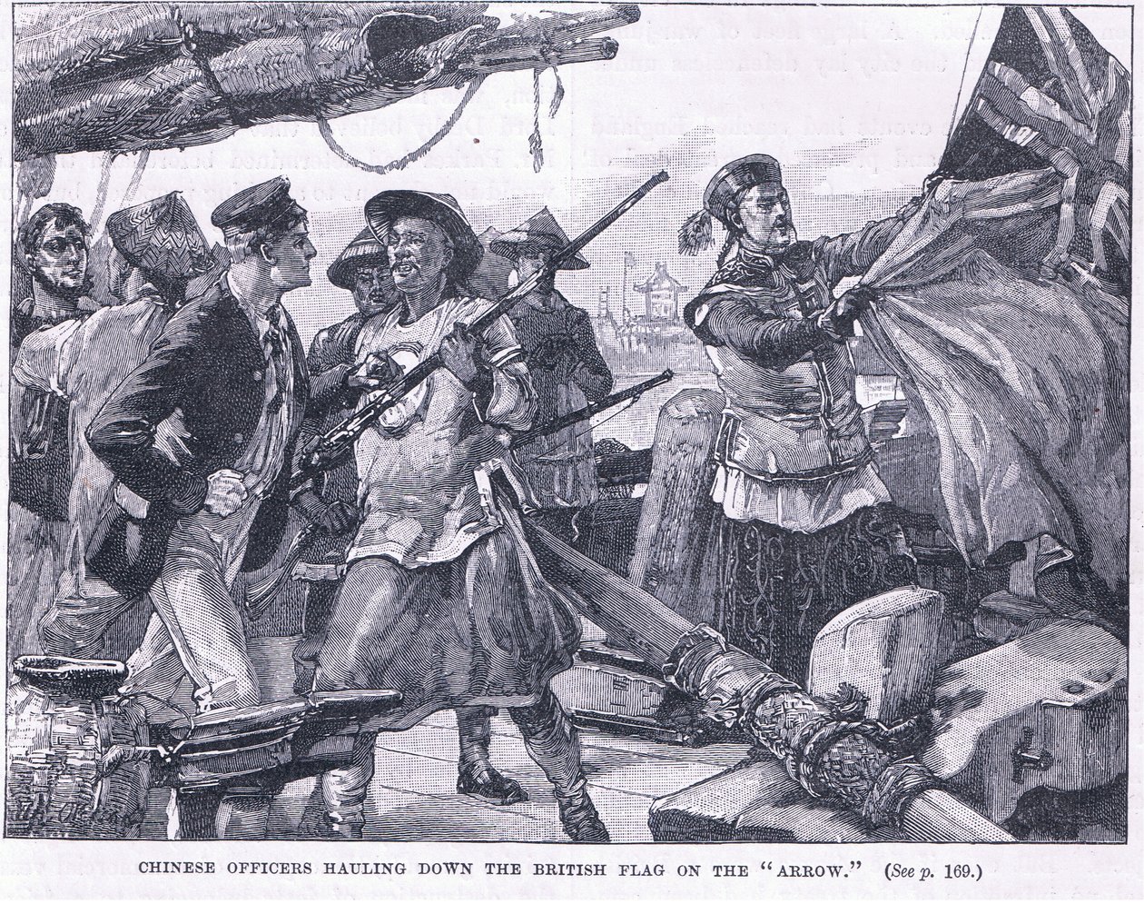 Kínai tisztek lehúzzák a brit zászlót a „nyíl”-on, i.sz. 1856 alkotó: William Heysham Overend