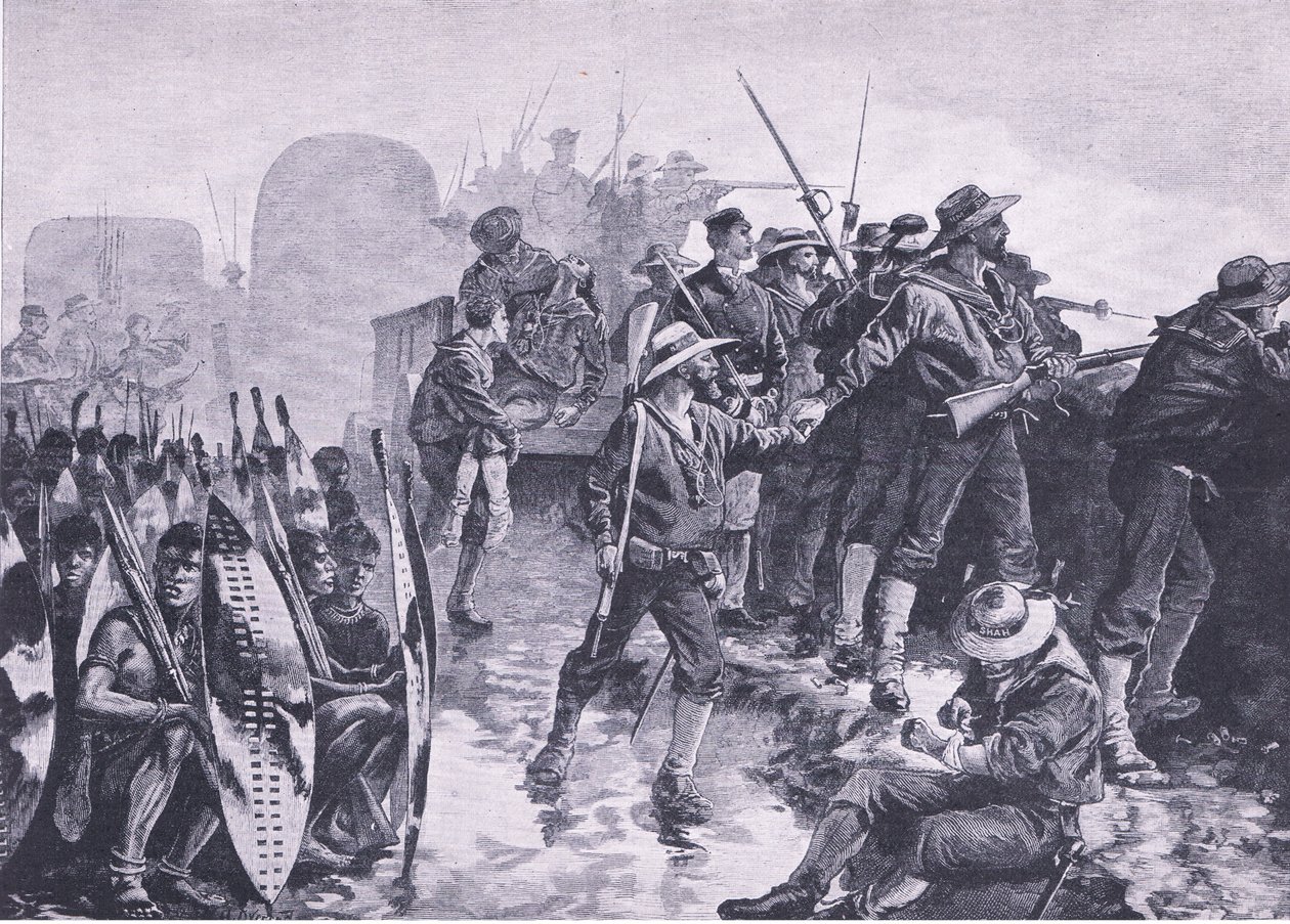 Egy láger védelme a zulu támadás ellen, illusztráció a brit szárazföldi és tengeri csatákból, 1915 alkotó: William Heysham Overend